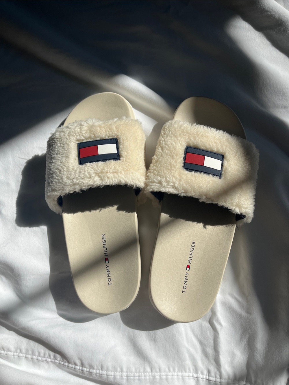 Tommy Hilfiger Cream Faux Shearling Slide Sandals with Flag Patch